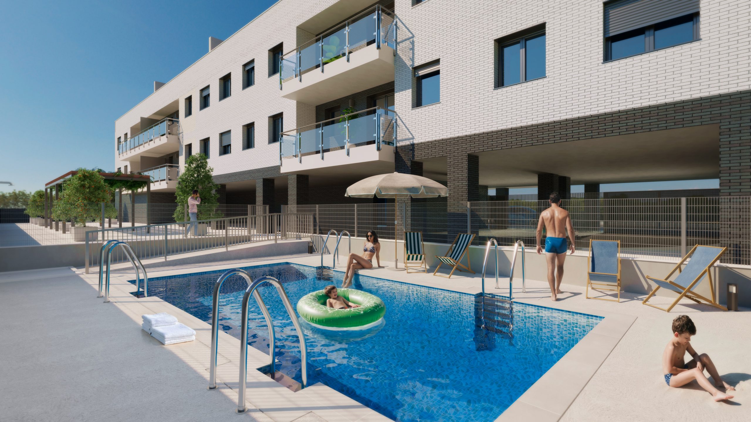 Vista exterior del Residencial Carrascosa con piscina